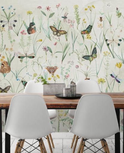 papel pintado de hierbas y mariposas