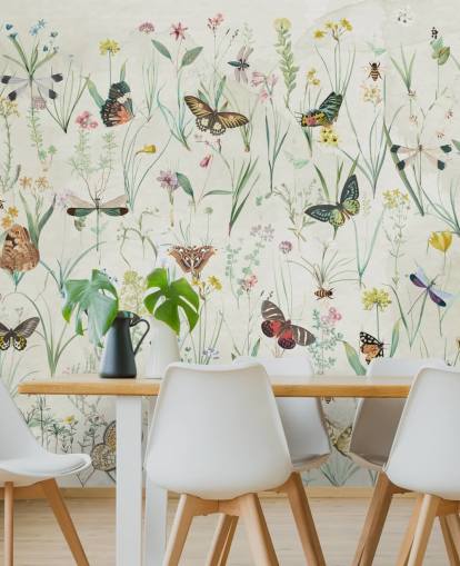 behang met kruiden en vlinders