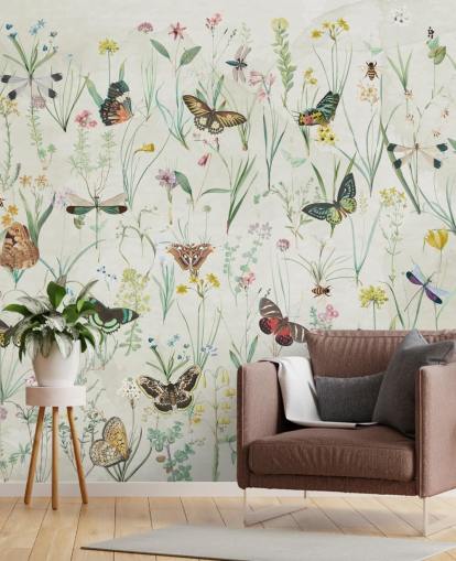 papier peint d'herbes et de papillons