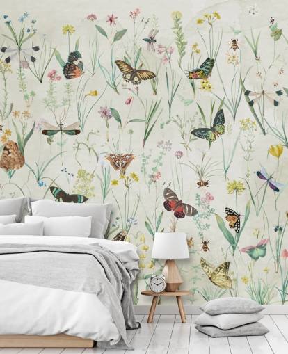 papel pintado de hierbas y mariposas