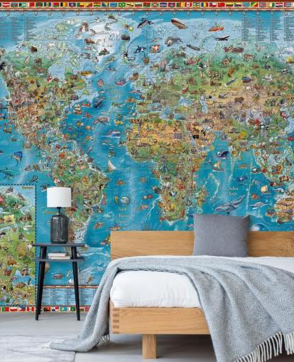 world map mural with animals