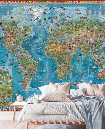 murale con mappa del mondo con animali murale con mappa del mondo con animali