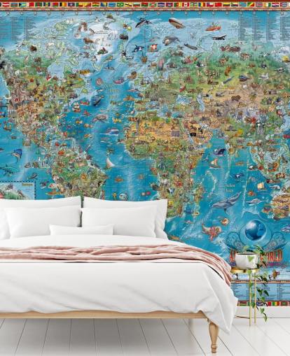 murale con mappa del mondo con animali