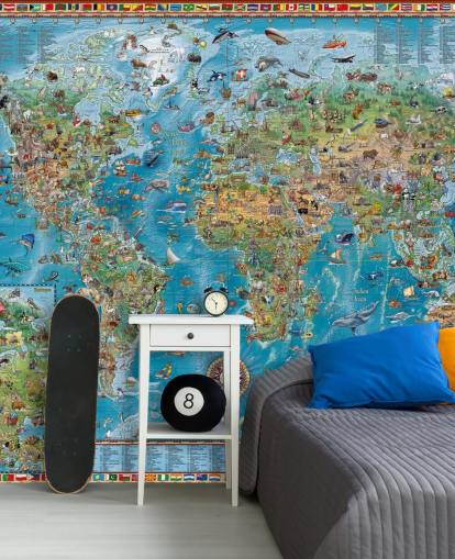 world map mural with animals