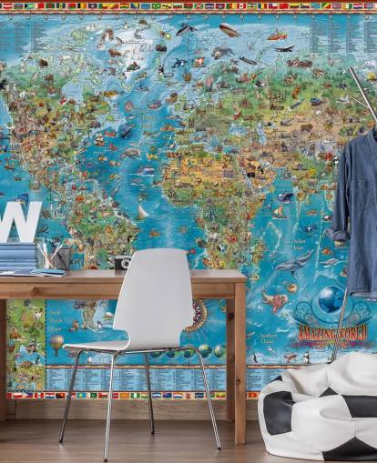 world map mural with animals