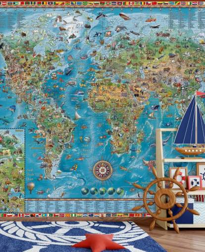 world map mural with animals