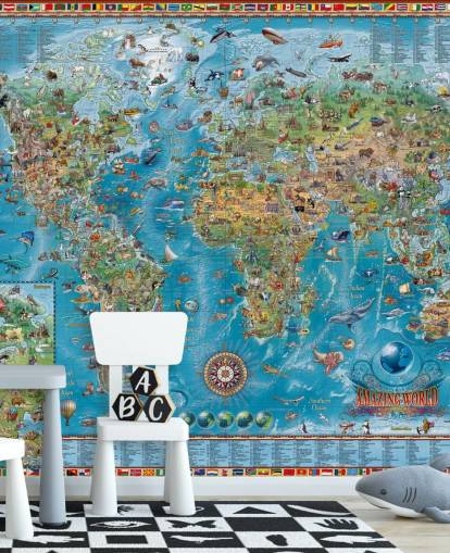 mural do mapa-múndi com animais