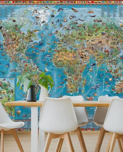 world map mural with animals