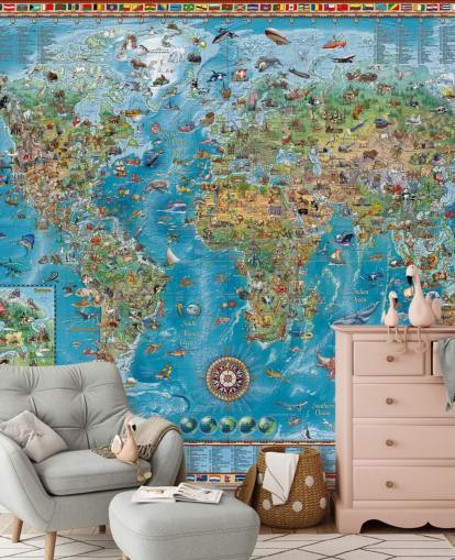 Weltkarten-Wandbild mit Tieren