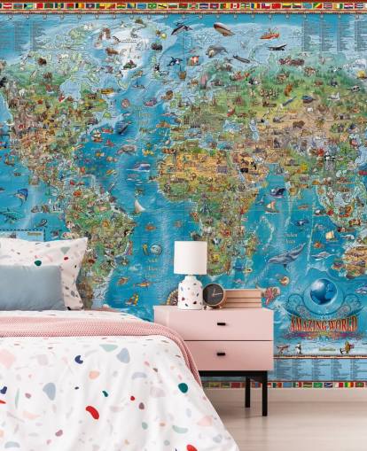 mural do mapa-múndi com animais