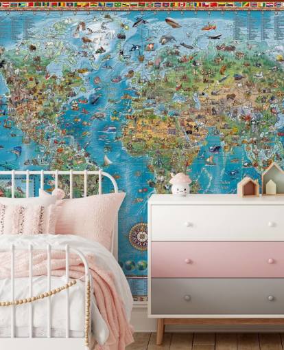 world map mural with animals