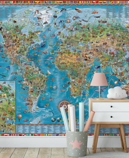 world map mural with animals