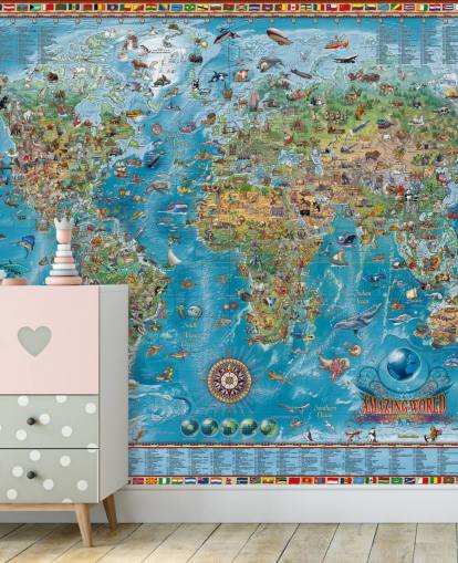 Weltkarten-Wandbild mit Tieren Weltkarten-Wandbild mit Tieren