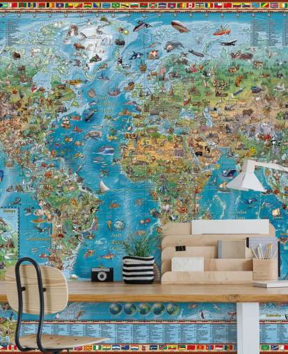mural de mapa del mundo con animales