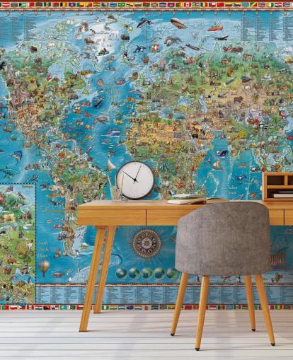 mural de mapa del mundo con animales