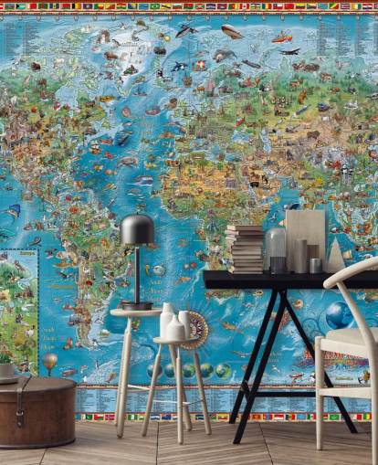 mural de mapa del mundo con animales