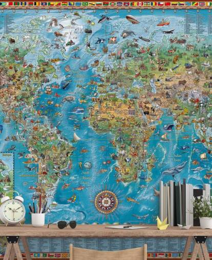 world map mural with animals