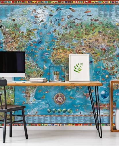 world map mural with animals