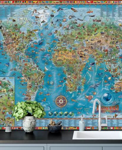 world map mural with animals