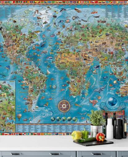 world map mural with animals