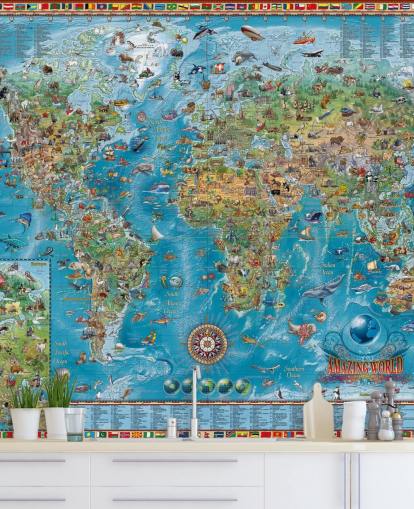 carte du monde murale avec des animaux