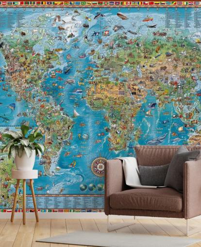 world map mural with animals