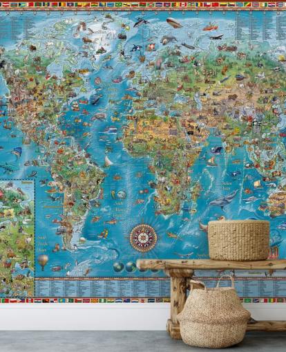 carte du monde murale avec des animaux