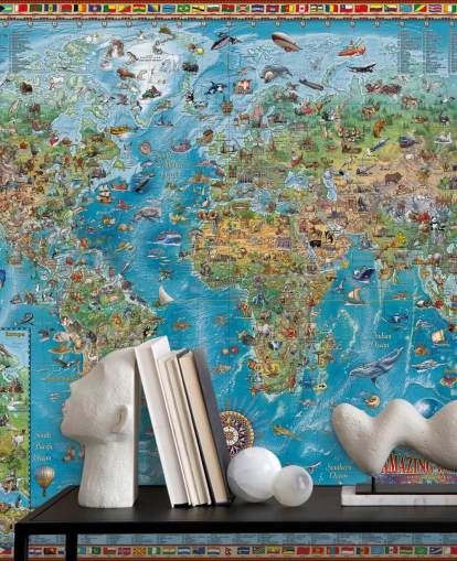 world map mural with animals