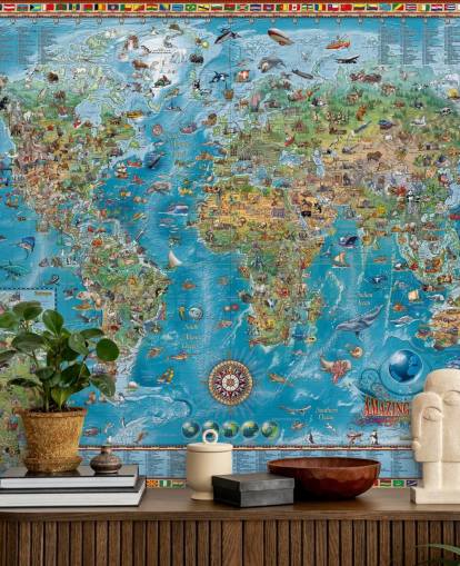 mural de mapa del mundo con animales