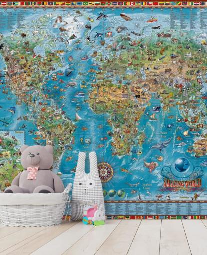 world map mural with animals