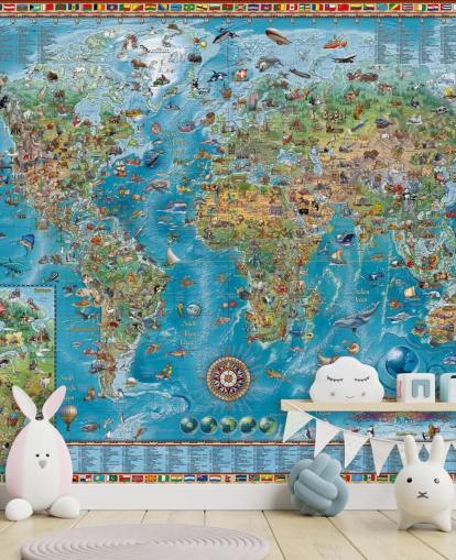 world map mural with animals