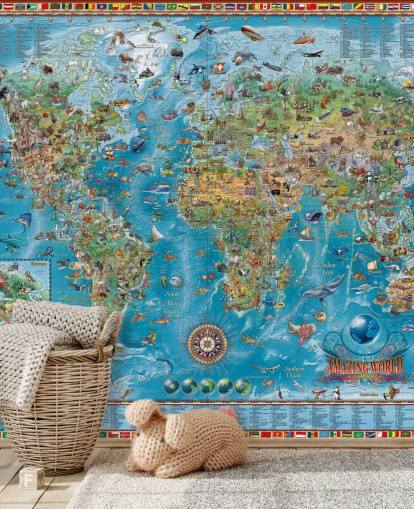 world map mural with animals