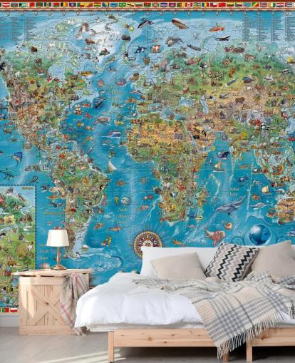world map mural with animals
