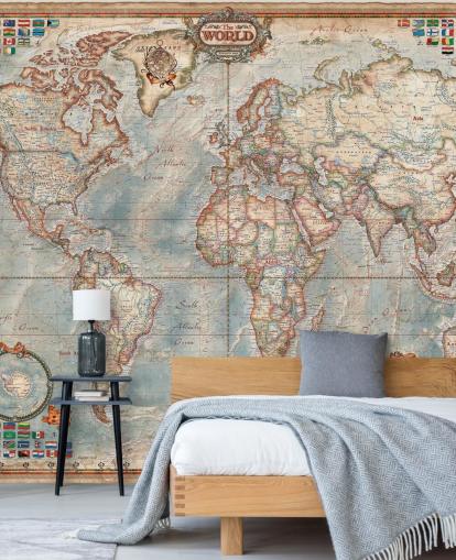 murale con mappa del mondo blu e marrone chiamato Executive Map per casa, uffici e camere da letto