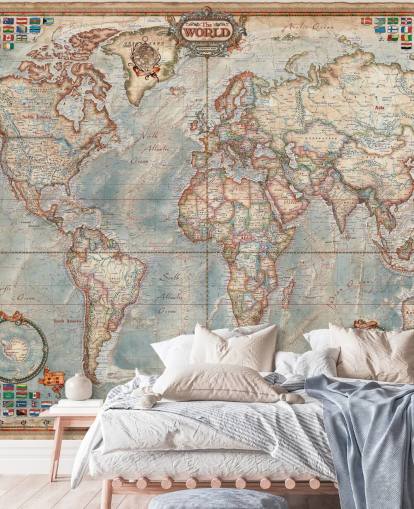 mural de mapamundi azul y marrón llamado Mapa Ejecutivo para oficinas domésticas y dormitorios
