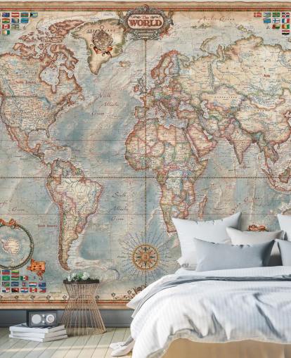 blue and brown world map mural called Executive Map for home offices and bedrooms