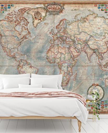 mural de mapa-múndi azul e marrom chamado Mapa Executivo para residências, escritórios e quartos