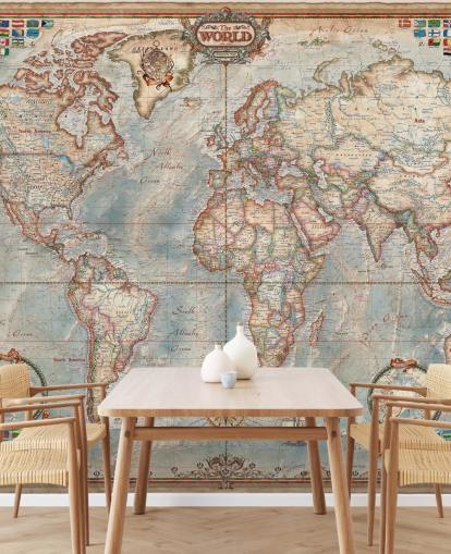 blaues und braunes Weltkarten-Wandbild namens Executive Map für Heimbüros und Schlafzimmer