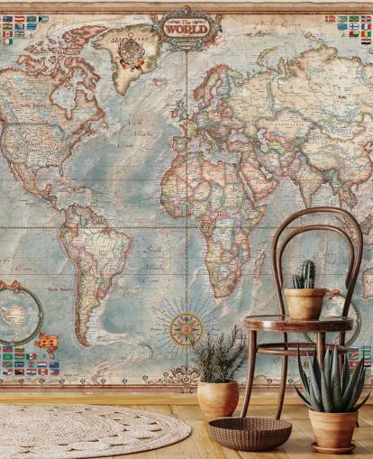 blauwe en bruine muurschildering op de wereldkaart genaamd Executive Map voor thuiskantoren en slaapkamers