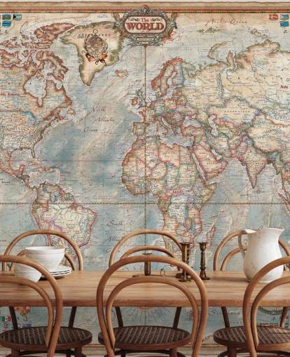 mural de mapamundi azul y marrón llamado Mapa Ejecutivo para oficinas domésticas y dormitorios