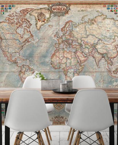 mural de mapa-múndi azul e marrom chamado Mapa Executivo para residências, escritórios e quartos