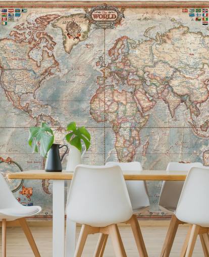 blue and brown world map mural called Executive Map for home offices and bedrooms