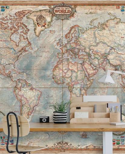 blue and brown world map mural called Executive Map for home offices and bedrooms blue and brown world map mural called Executive Map for home offices and bedrooms