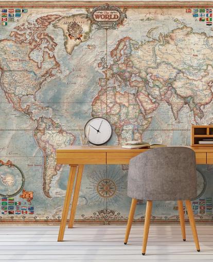 murale con mappa del mondo blu e marrone chiamato Executive Map per casa, uffici e camere da letto