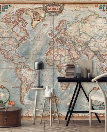 blue and brown world map mural called Executive Map for home offices and bedrooms blue and brown world map mural called Executive Map for home offices and bedrooms