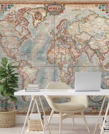 murale con mappa del mondo blu e marrone chiamato Executive Map per casa, uffici e camere da letto