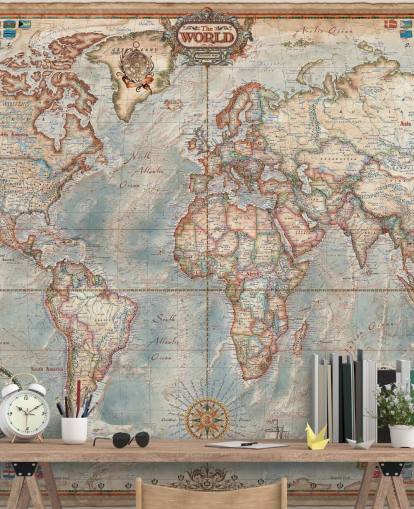 mural de mapa-múndi azul e marrom chamado Mapa Executivo para residências, escritórios e quartos