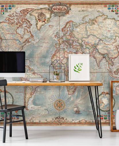 blue and brown world map mural called Executive Map for home offices and bedrooms