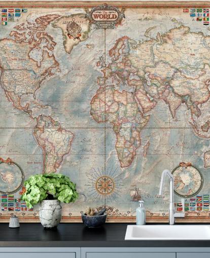 blue and brown world map mural called Executive Map for home offices and bedrooms