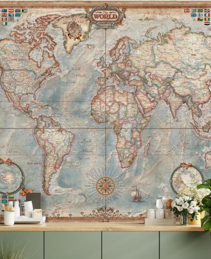 blaues und braunes Weltkarten-Wandbild namens Executive Map für Heimbüros und Schlafzimmer